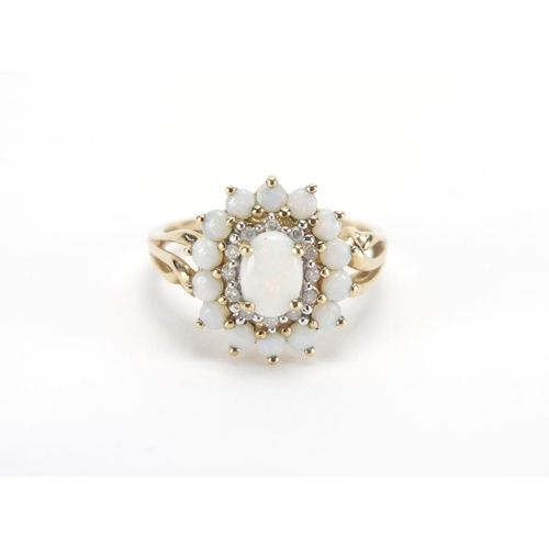 2624 - 9ct gold opal and diamond cluster ring, size P, approximate weight 3.1g