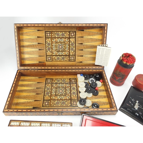 2209 - Vizagapatam design folding games board, inlaid cribbage board, Oriental black lacquered game with Mo... 