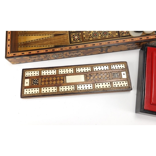 2209 - Vizagapatam design folding games board, inlaid cribbage board, Oriental black lacquered game with Mo... 