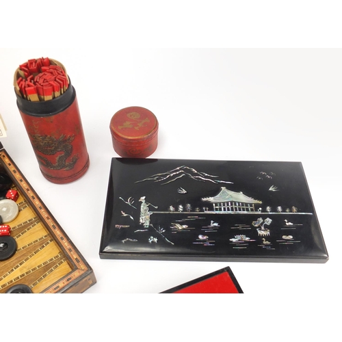 2209 - Vizagapatam design folding games board, inlaid cribbage board, Oriental black lacquered game with Mo... 