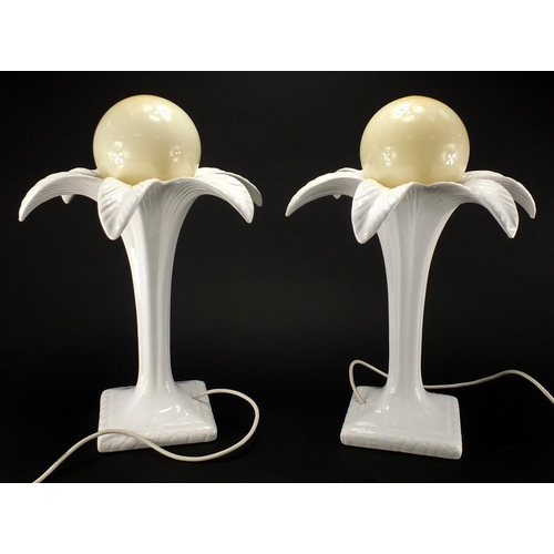 2222 - Pair of stylish white glazed naturalistic desk lamps, with globular shades, each 46cm high