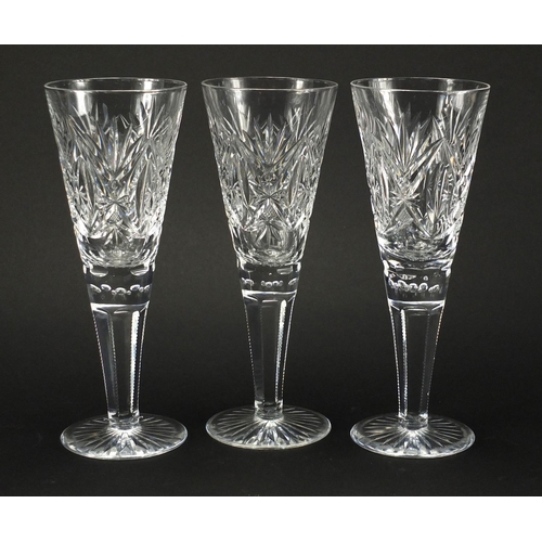 2208 - Three good quality cut glass over sized flutes, each 28cm high