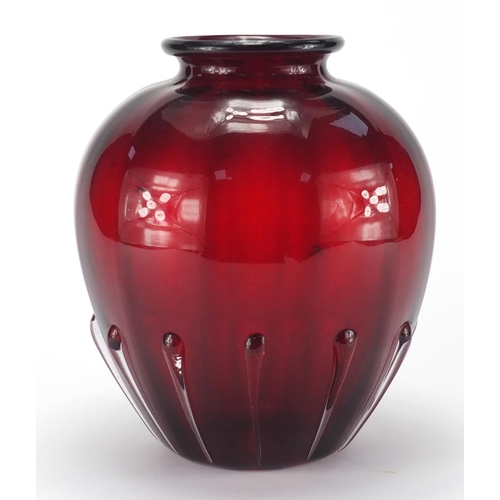 2233 - Vintage ruby red Italian glass vase, with applied decoration, 25cm high