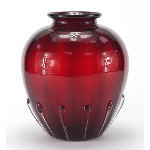 2233 - Vintage ruby red Italian glass vase, with applied decoration, 25cm high