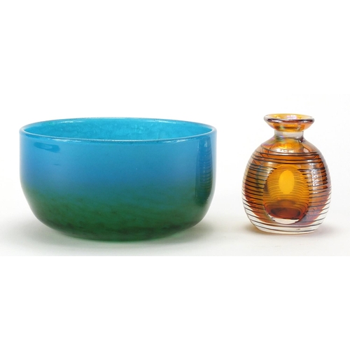 2393 - Swedish art glass bowl by John Orawr Lake and a signed iridescent vase, the largest 16cm in diameter