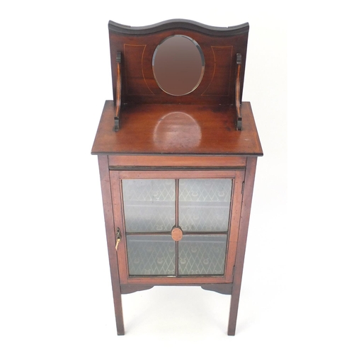14 - Edwardian inlaid mahogany music cabinet with mirrored back, 136cm H x 55.5cm W x 33.5cm D