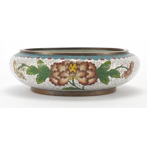 2178 - Pair of Chinese cloisonné vases and a squatted bowl, each enamelled with flowers, the vases each 23c... 