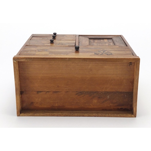 2169 - Japanese parquetry table chest fitted with an arrangement of drawers and compartments, 25.5cm H x 27... 