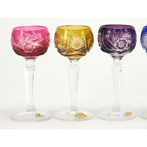 2265 - Set of six colourful flashed cut crystal glasses, four with German paper labels, each 11.5cm high