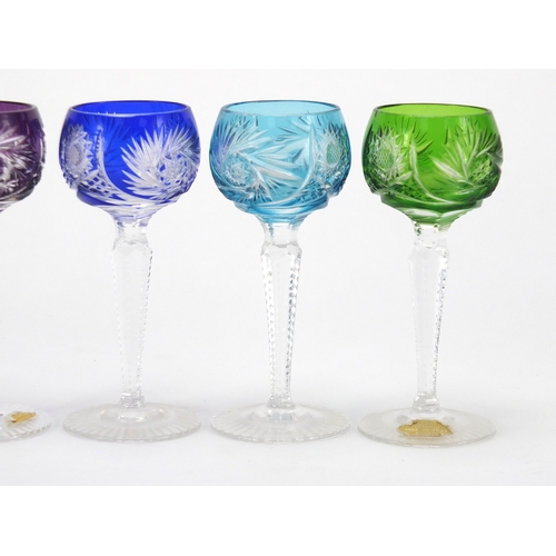 2265 - Set of six colourful flashed cut crystal glasses, four with German paper labels, each 11.5cm high