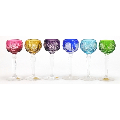 2265 - Set of six colourful flashed cut crystal glasses, four with German paper labels, each 11.5cm high