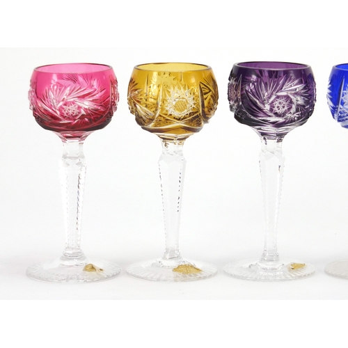 2265 - Set of six colourful flashed cut crystal glasses, four with German paper labels, each 11.5cm high