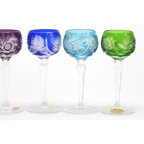 2265 - Set of six colourful flashed cut crystal glasses, four with German paper labels, each 11.5cm high