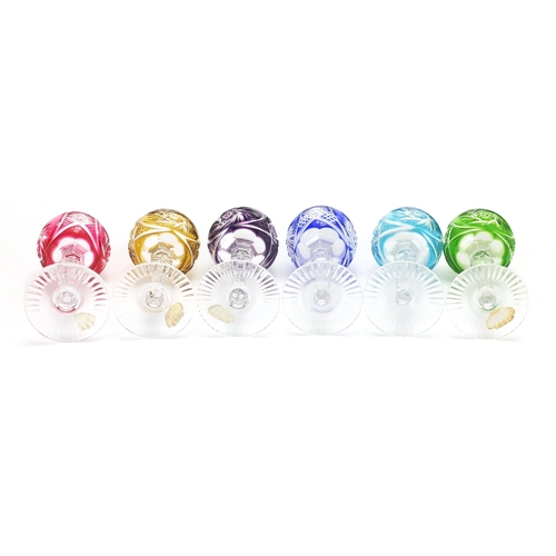 2265 - Set of six colourful flashed cut crystal glasses, four with German paper labels, each 11.5cm high