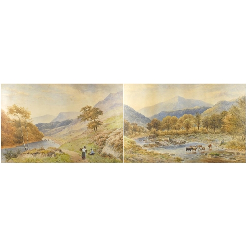 55 - J Godet - Cattle in water before mountains, pair of 19th century watercolours, framed, each 59.5cm x... 