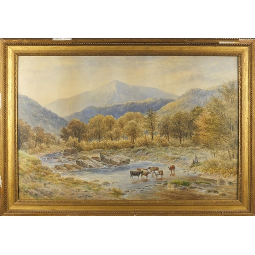 55 - J Godet - Cattle in water before mountains, pair of 19th century watercolours, framed, each 59.5cm x... 