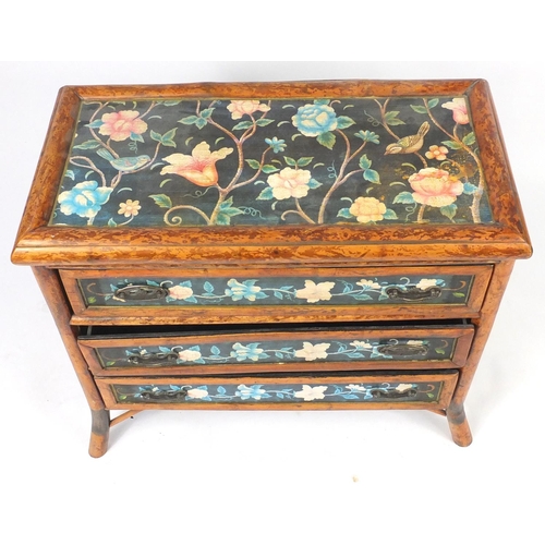 36 - Bamboo three drawer chest, decorated with birds and flowers, 76cm H x 82cm W x 40cm D