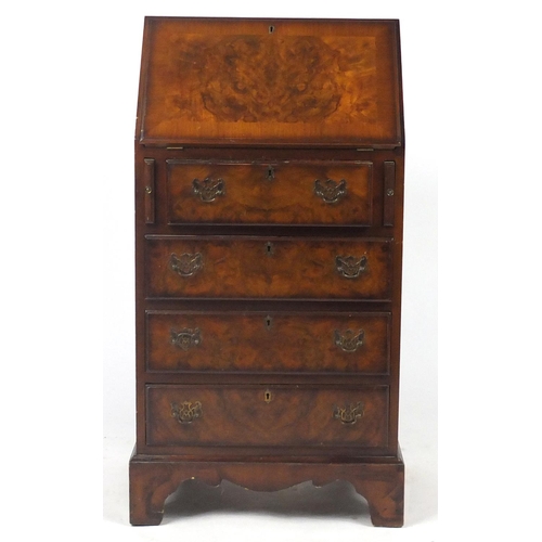 10 - Slim burr walnut bureau, fitted with a fall above four drawers, with Cameo Furniture label, 98cm H x... 