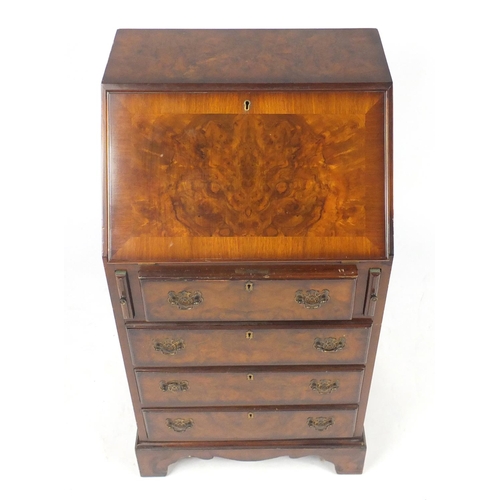 10 - Slim burr walnut bureau, fitted with a fall above four drawers, with Cameo Furniture label, 98cm H x... 