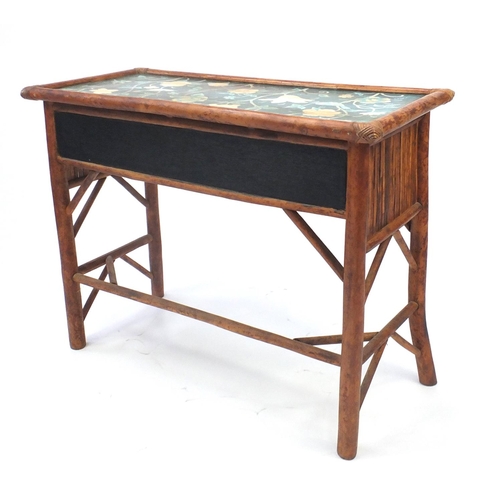 35 - Bamboo three drawer console table, decorated with birds and flowers, 78cm H x 100cm W x 45cm D