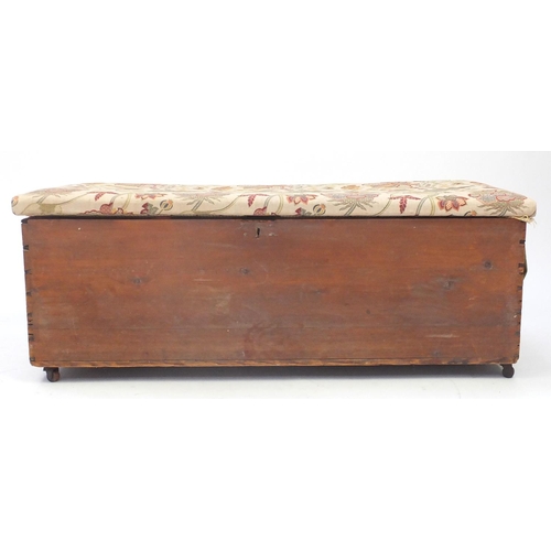 44 - Pine blanket box, with stuffover seat, 46cm h x 125cm W x 47cm D