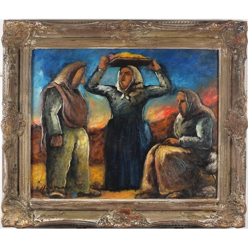 31 - Three vendors, oil on board, bearing an indistinct signature, framed, 50cm x 40cm