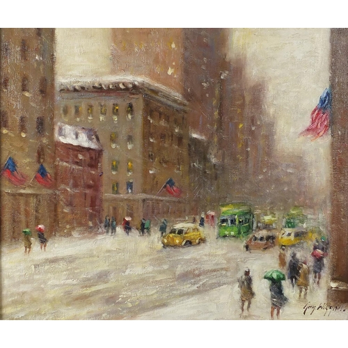 58 - Winter street scene, New York school oil on board, bearing a signature Guy Wiggin and inscription ve... 
