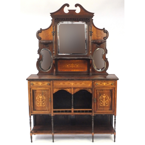 2 - Victorian rosewood sideboard with mirrored back, inlaid with classical urns and foliate scrolls, the... 