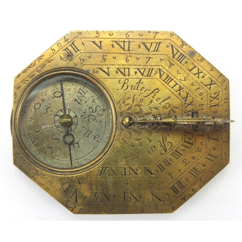 112 - Late 17th/early 18th century French engraved brass compass sundial by Michael Butterfield, with fitt... 