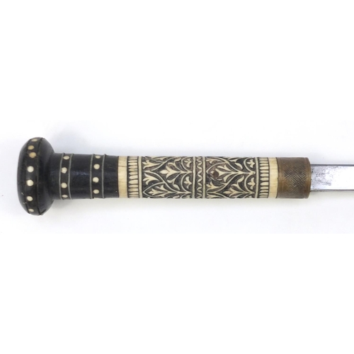 106 - Indian carved ebony and bone sword stick with steel blade, 91cm in length