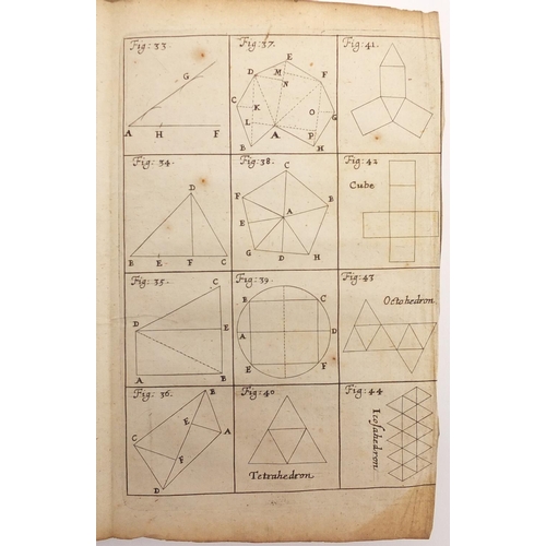 174 - Mathematical Elements in III parts, by John Newton, leather bound hardback book with fold out plates... 