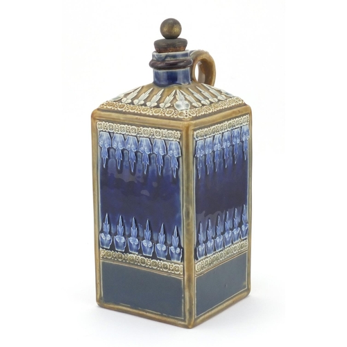 801 - Doulton Lambeth stoneware Irish whisky flask by Eliza Simmance, decorated in low relief with stylise... 