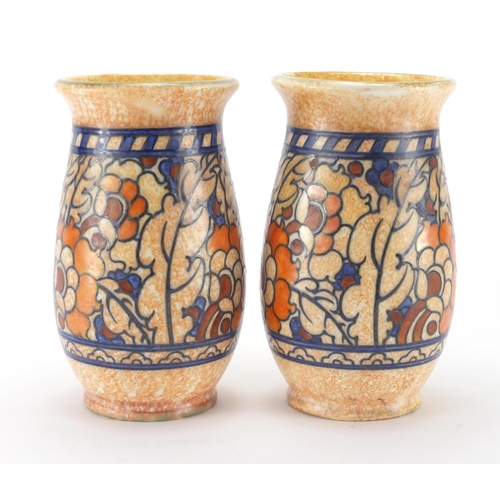 807 - Pair of Crown Ducal pottery vases by Charlotte Rhead, hand painted and tube lined with stylised flow... 