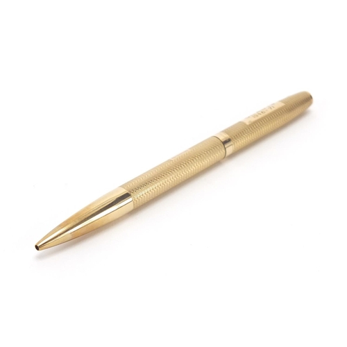 121 - 9ct gold Yard-O-Led ball point pen, with engine turned body and fitted case, approximate weight 28.6... 