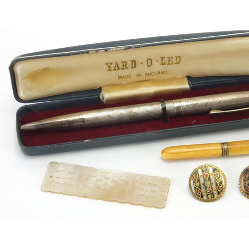 28 - Antique and later objects including a silver Yard-O-Led propelling ball pen, set of six gilt metal a... 