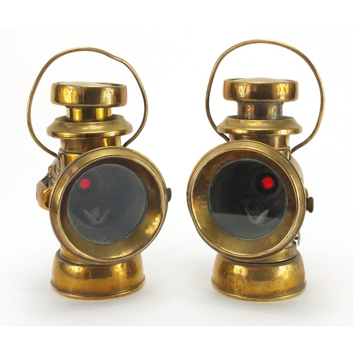 86 - Pair of Lucas King's Own brass side lamps, with ceramic burners, each No. F146, 22cm high