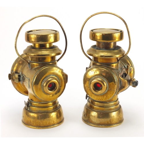 86 - Pair of Lucas King's Own brass side lamps, with ceramic burners, each No. F146, 22cm high