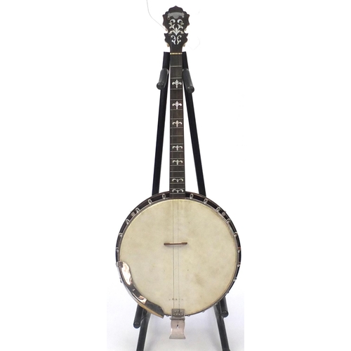 133 - Vintage Langstile banjo with mother of Pearl inlay and fitted carrying case, 79cm in length