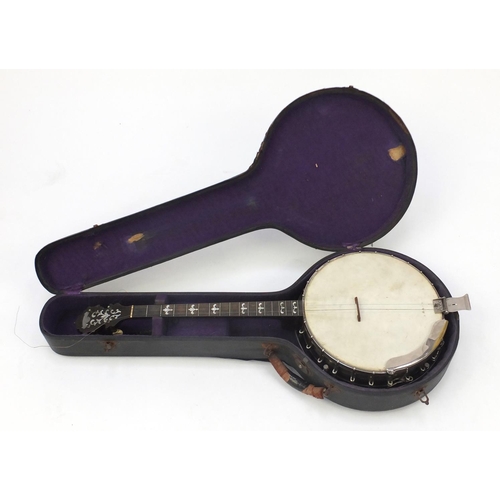 133 - Vintage Langstile banjo with mother of Pearl inlay and fitted carrying case, 79cm in length