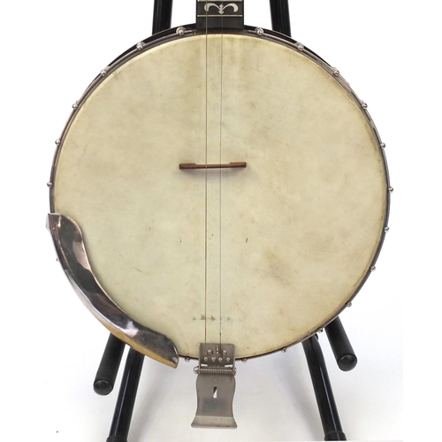 133 - Vintage Langstile banjo with mother of Pearl inlay and fitted carrying case, 79cm in length