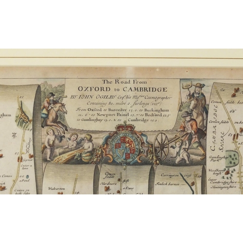 165 - ** DESCRIPTION AMENDED 6/8 ** 17th century hand coloured map of The Road from Oxford to Cambridge by... 