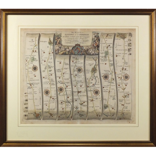 165 - ** DESCRIPTION AMENDED 6/8 ** 17th century hand coloured map of The Road from Oxford to Cambridge by... 