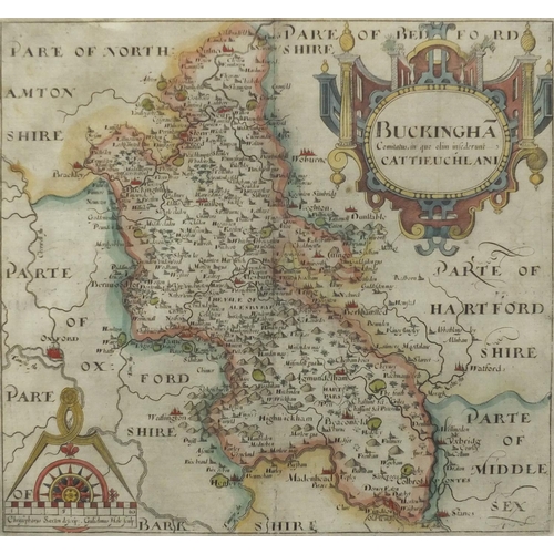 166 - 17th century map of Buckinghamshire by Saxton & Hole, hand coloured, mounted and framed, 30cm x 29cm