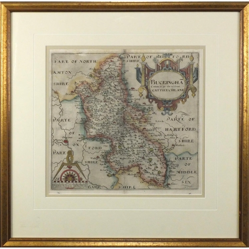 166 - 17th century map of Buckinghamshire by Saxton & Hole, hand coloured, mounted and framed, 30cm x 29cm