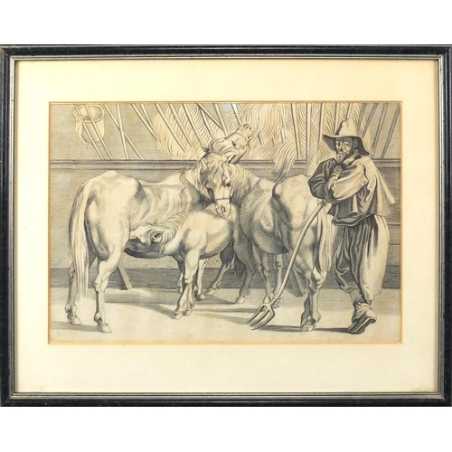 1368 - Farmer in a barn with cattle, 17/18th century wood cut, mounted and framed, 32.5cm x 22cm