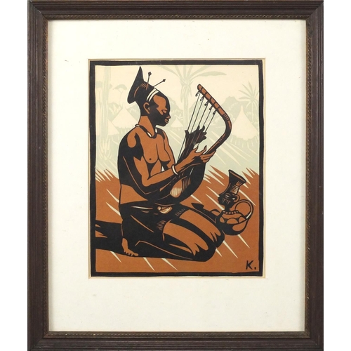 1363 - Henri Kerels - Nude African female, woodcut print in colour, inscribed verso, mounted and framed, 20... 