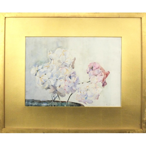 1339 - Francis E James - Still life Hydrangea, watercolour, inscribed and label verso, mounted and framed, ... 