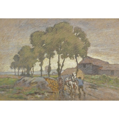 1336 - Cecil Ross Burnett - Farmer loading a cart, pastel, mounted and framed, 40.5cm x 28cm