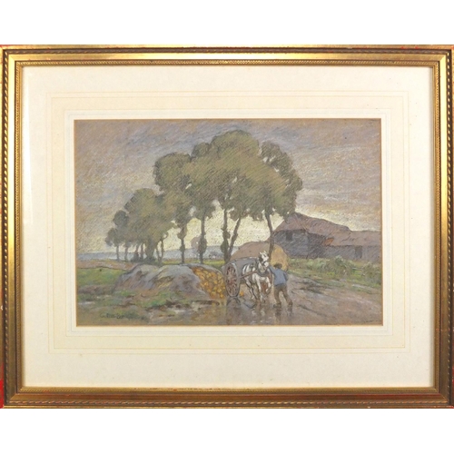 1336 - Cecil Ross Burnett - Farmer loading a cart, pastel, mounted and framed, 40.5cm x 28cm