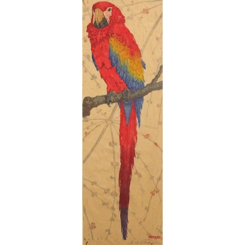 1362 - Martin Erich Philipp - Red parrot, pencil signed wood block in colour, label verso, mounted and fram... 